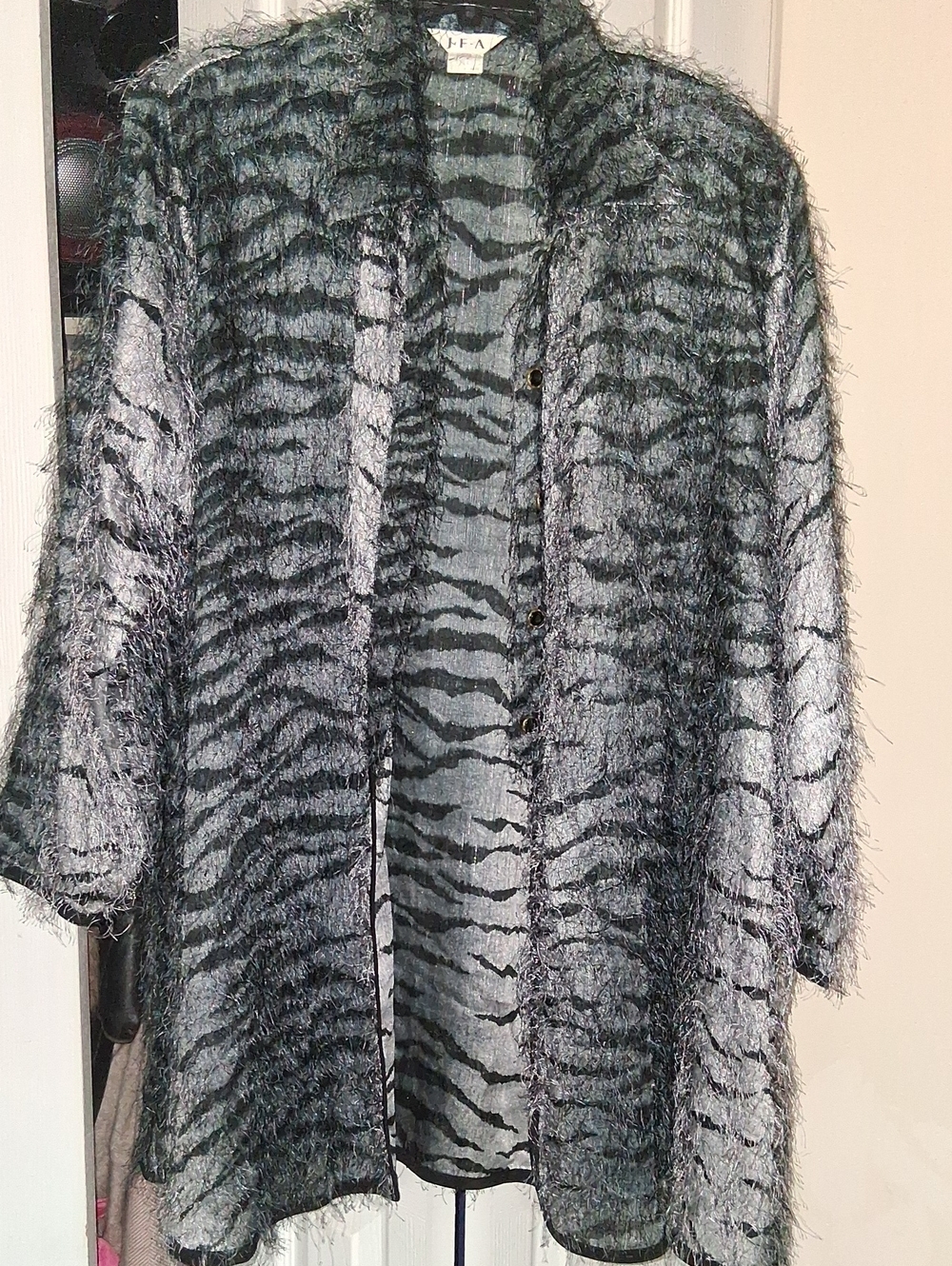 Fuzzy Zebra-Print Open Front Coatigan in Black & Gray by